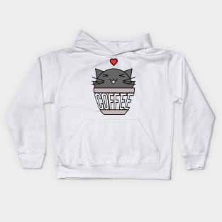 Happy cat in coffee cup with warped text heart on head black Kids Hoodie